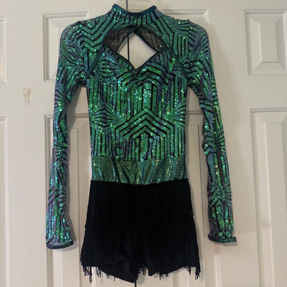 Green Sequin Long Sleeve Leotard Dance Costume with Fringe Skirt